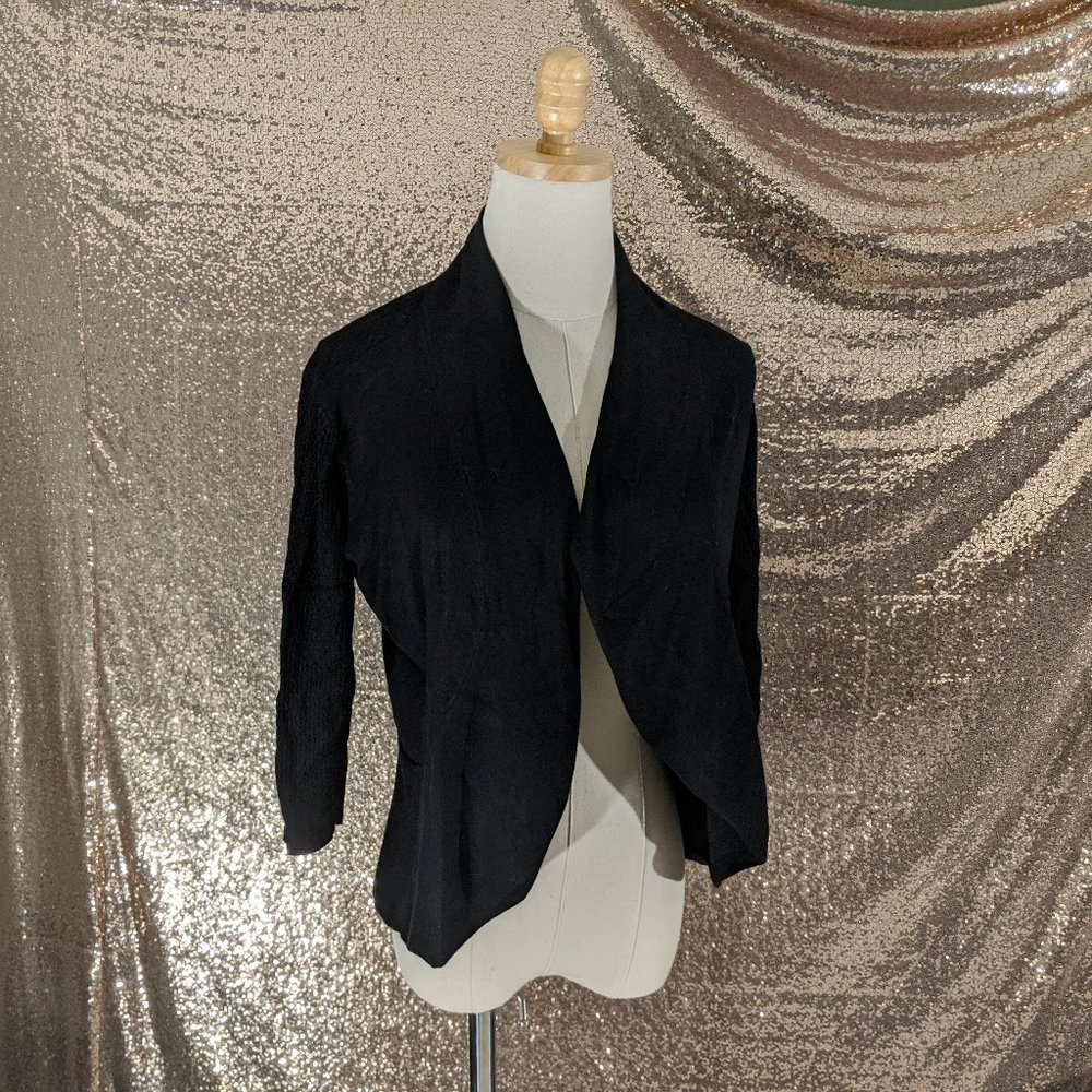 BLACK OPEN FRONT CARDIGAN + SHEER BACK DETAIL | M